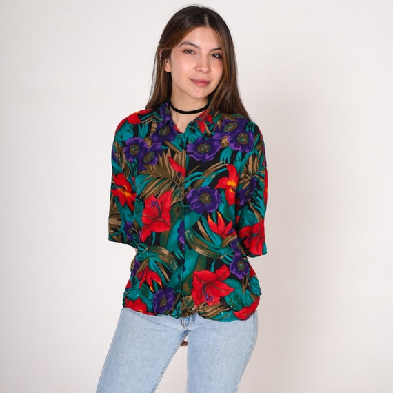 Hawaiian Shirt 90s Tropical Floral Blouse Button Up Top Hibiscus Flower Leaf Print Summer Short Sleeve Purple Red Blue 1990s Vintage Large L