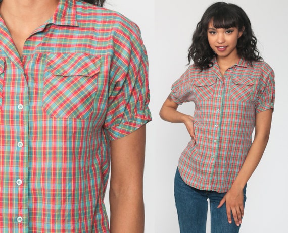 80s Plaid Shirt Red Green Blouse 80s Collar Cotton Button Up Top Puff Sleeve Vintage Retro Shirt Pocket Top Extra Small xs