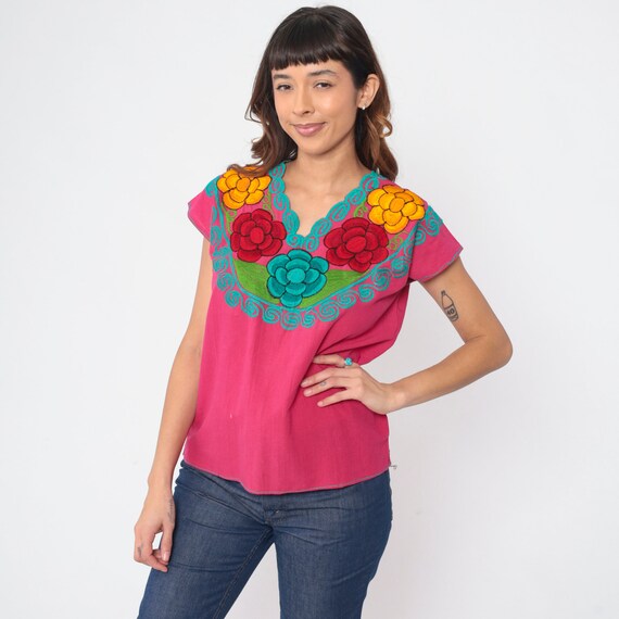 Mexican Embroidered Top 90s Hot Pink Floral Blouse Turquoise Peasant Hippie Short Sleeve Shirt Summer Boho Festival Vintage 1990s Small S