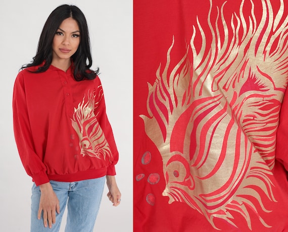 Red Fish Shirt 90s Metallic Top Gold Front Back Graphic Long Sleeve Collared Banded Hem Quarter Button Up Boho Blouse Vintage 1990s Medium M