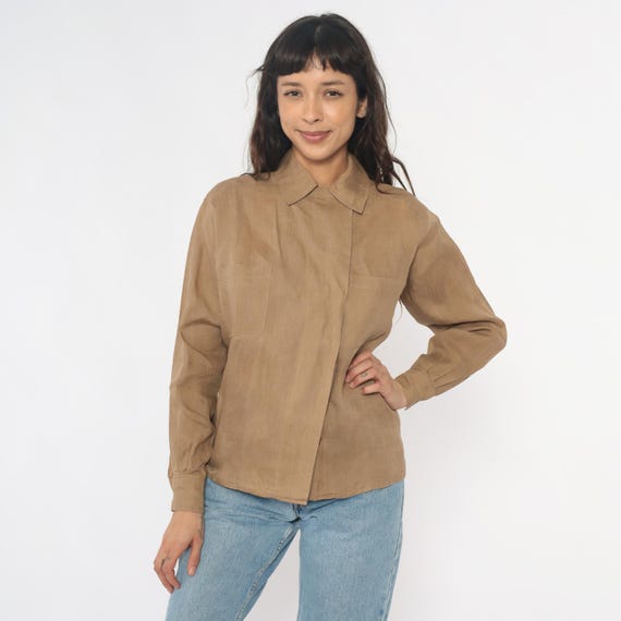 Calvin Klein Shirt 80s Tan Beige Camel Button Front Long Sleeve Collared Blouse Chest Pockets Minimalist Vintage Classic Work Top Small S