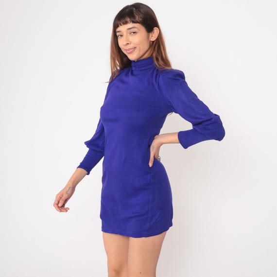 80s Indigo Mini Dress Turtleneck Puff Balloon Sleeve Bodycon Long Fitted Vintage Party Club Cocktail Electric Bright Cobalt Small S