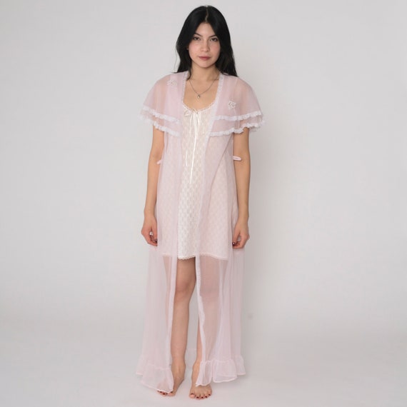 Sheer Pink Robe 80s Long Lingerie Jacket Flower Applique Lace Trim Ruffled Maxi Peignoir Boho Open Front Floral Vintage 1980s Small Medium