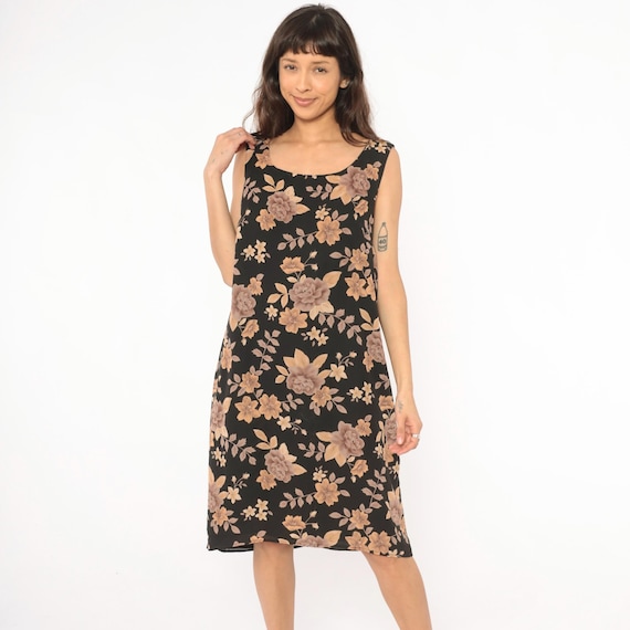 90s Floral Tank Dress Black Tan Scoop Neck Sleeveless Shift Knee Length Rose Print Laura Scott Brown Taupe Neutral Vintage Extra Large XL