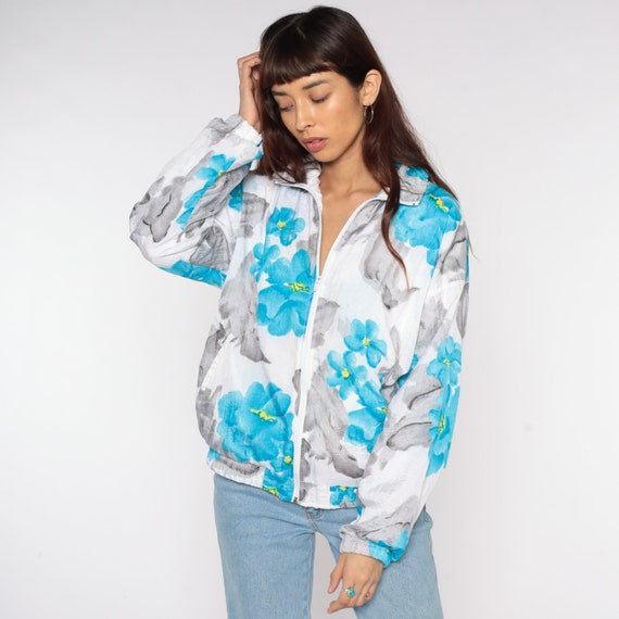 Floral Windbreaker Jacket 90s White Blue Grey Flower Jacket 80s Retro Warmup Jacket Vintage 1980s 1990s Retro Streetwear Nylon Medium M