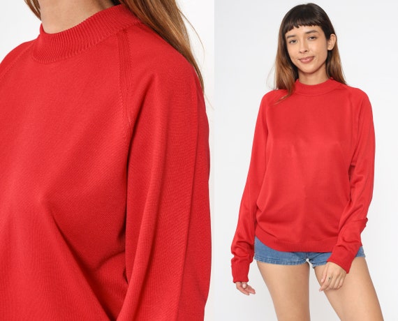 Red Mock Neck Sweater 70s Polyester Knit Sweater Raglan Sleeve Pullover Jumper Plain 1970s Vintage Medium Large