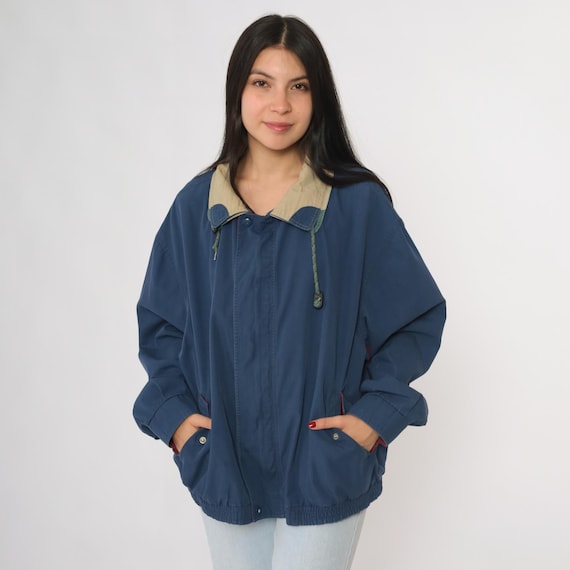 Windbreaker Jacket Navy 90s Bomber Drawstring Athletic Streetwear Sporty Casual Track Style Outdoors Camping Extra Large XL