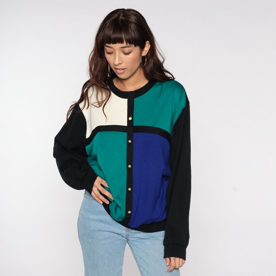 80s Color Block Sweatshirt Black Green Blue White… - image 3