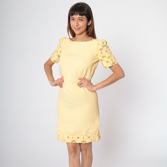 Yellow Floral Cutwork Dress 90s Mini Dress Floral Embroidered Cut Out Short Puff Sleeve Summer Day Cutout Dress Vintage 1990s Small S