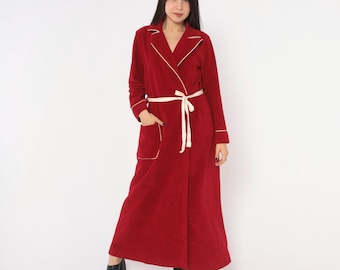 80s Red Robe Long Wrap Dressing Gown White Piping Patch Pocket Maxi Housecoat Kayser Loungewear Burgundy Sleepwear Pajama Cover Medium M