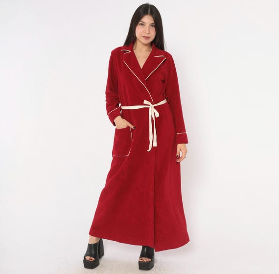 80s Red Robe Long Wrap Dressing Gown White Piping Patch Pocket Maxi Housecoat Kayser Loungewear Burgundy Sleepwear Pajama Cover Medium M