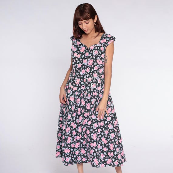 90s Floral Midi Dress Black Pink Lavender Rose Print Cottagecore Prairie Button Front Tiered Skirt Vintage Summer Garden Romantic Medium M
