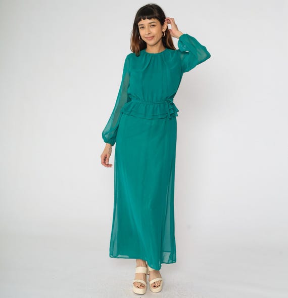 Vintage Teal Chiffon Maxi Dress 70s Party Dress Green Sheer Long Sleeve 1970s Boho High Waist Gown Formal Peplum Waist Belted Small