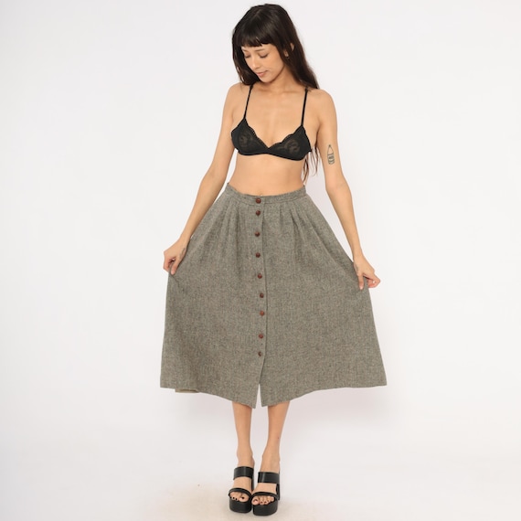 Herringbone Wool Skirt Pleated Midi Grey Tan Tweed Leather Knot Buttons 80s Prairie Cottagecore Dark Academia Grunge Alt  Vintage Large L