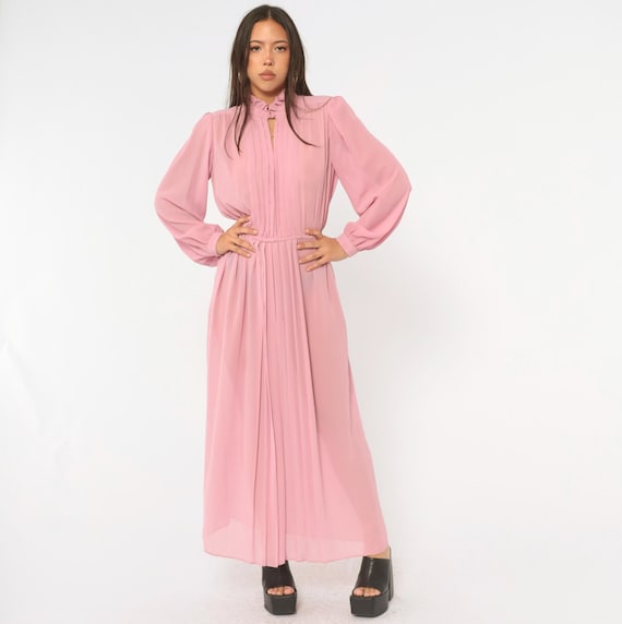 70s Pink Sheer Maxi Dress Ruffle Collar Pleated Bib Long Balloon Sleeve Blouson Dusty Pink Victorian Prairie Cottagecore Vintage Medium M