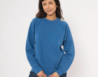 Distressed Cobalt Raglan Sweatshirt 80s Blue Pullover Plain Blank Unisex Crew Neck Vintage Sweater Casual Everyday Basic Layering Medium M