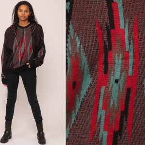 Geometric Sweater 80s Tribal Print Knit Jumper Boho Sweater Hipster Statement Vintage Pullover Bohemian Retro Black Red Blue Large