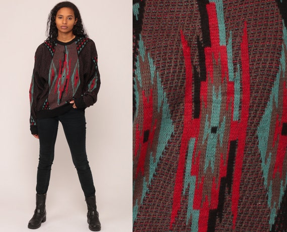 Geometric Sweater 80s Tribal Print Knit Jumper Boho Sweater Hipster Statement Vintage Pullover Bohemian Retro Black Red Blue Large