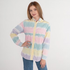 Striped Shirt 90s Button Up Blouse White Pink Yellow Blue Green Purple Long Sleeve Top Pastel Western Cotton 1990s Vintage Roper Medium M image 2