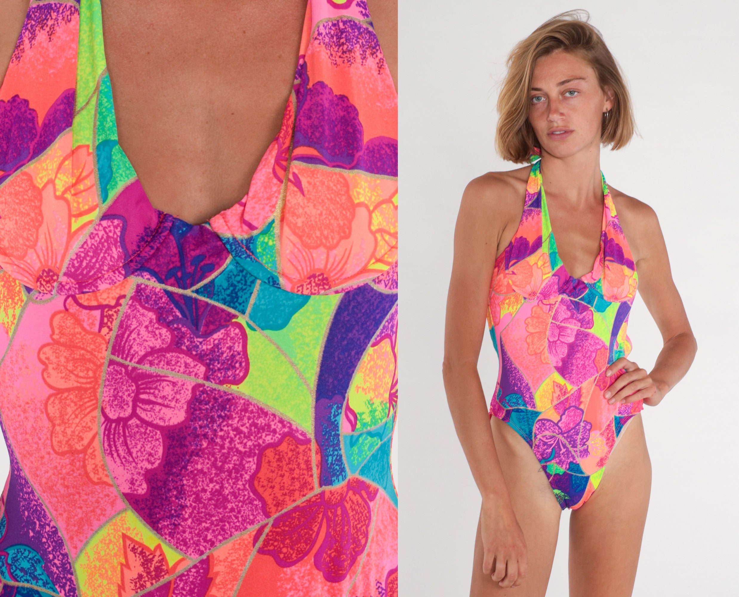 Psychedelic Rainbow Plunge Cut Out Halter Swimsuit One Piece XS-3X