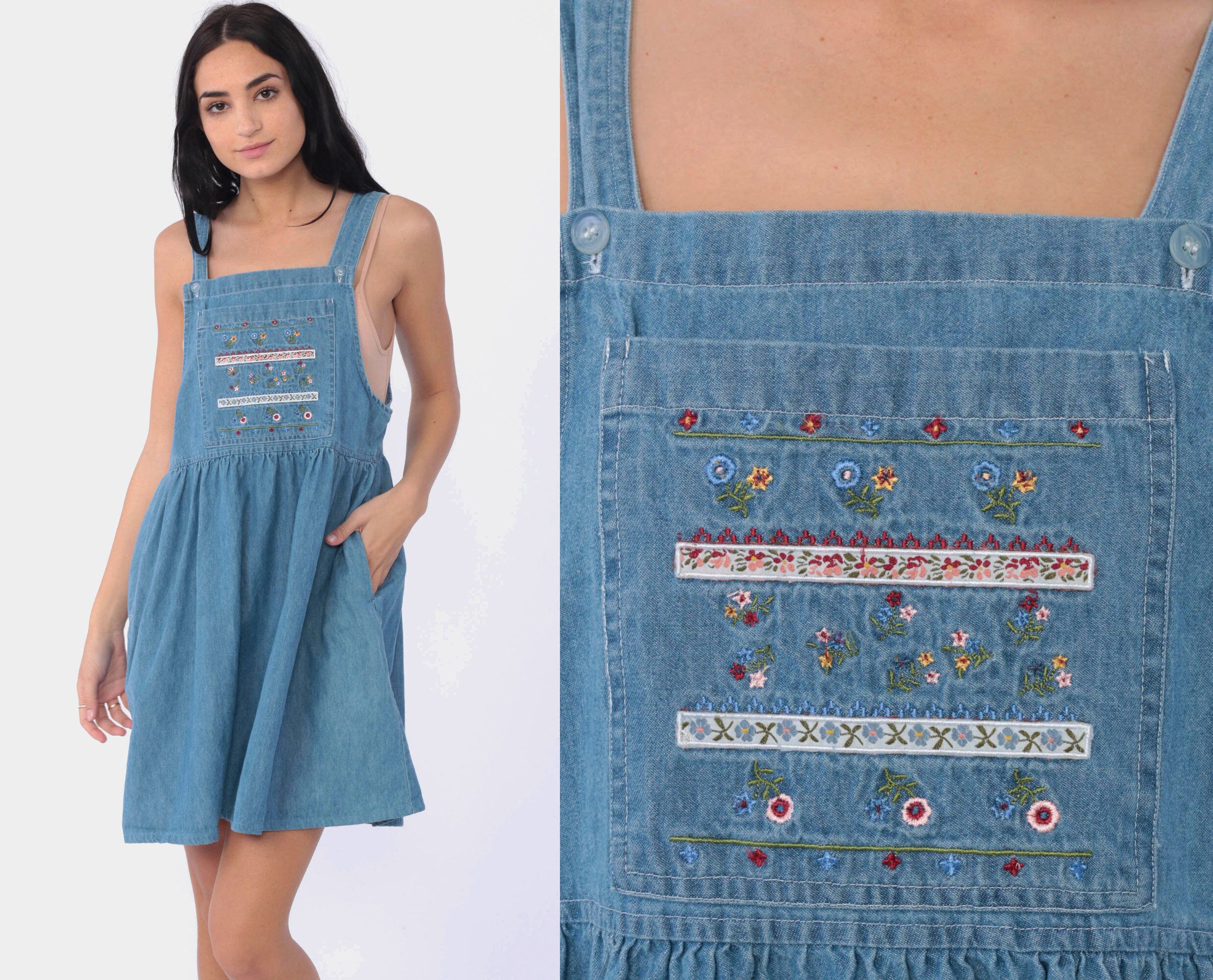 floral embroidered denim overall dress