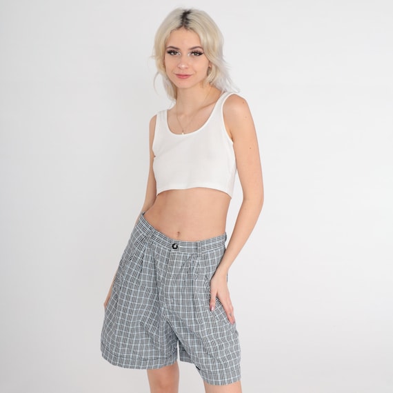 90s Plaid Shorts Black Blue Mom Shorts High Waisted Retro Pleated Trouser Shorts Checkered Preppy White Vintage 1990s Liz Claiborne Medium 8