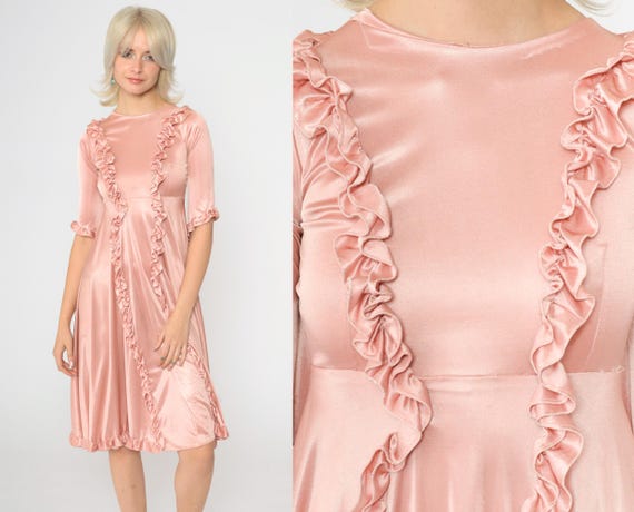 70s Pink Ruffled Dress Babydoll Midi Dress 1/2 Sleeve Dress Dolly Empire Waist 1970s Formal Party Dress Vintage Lolita 2xs xxs
