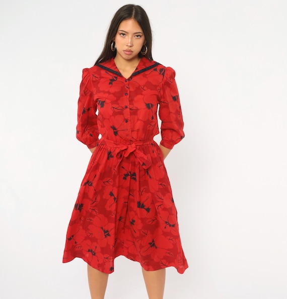 80s Red Floral Midi Dress Sailor Collar Navy Trim Puff Sleeve Button Front Tie Waist Black Hibiscus Garden Party Day Dress Vintage Small S