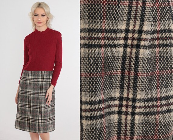 60s Dress Dark Red Plaid Midi Dress Mock Neck Long Sleeve Shift High Waisted Knee Length 70s Preppy Wool Blend Academia Vintage 1960s Medium