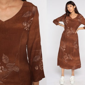 Brown Floral Dress 90s Grunge Shift Boho 1990s Bohemian Hippie Vintage Midi Rayon Long Sleeve Small S image 1