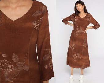 Brown Floral Dress 90s Grunge Shift Boho 1990s Bohemian Hippie Vintage Midi Rayon Long Sleeve Small S