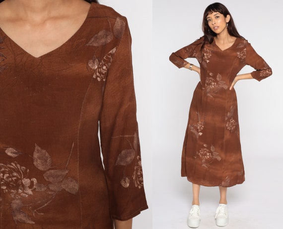 Brown Floral Dress 90s Grunge Shift Boho 1990s Bohemian Hippie Vintage Midi Rayon Long Sleeve Small S