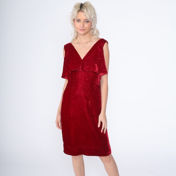 Red Velvet Dress 70s Party Dress Ruffled Mini Dress Low Back V Neck Pencil Sheath Sleeveless Cocktail Formal Evening Vintage 1970s Medium M