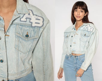 Cropped Jean Jacket 90s Anchor Blue Stone Wash Denim Jacket AB Patch Biker Crop Coat Button Up Retro Streetwear Vintage 1990s Extra Small xs