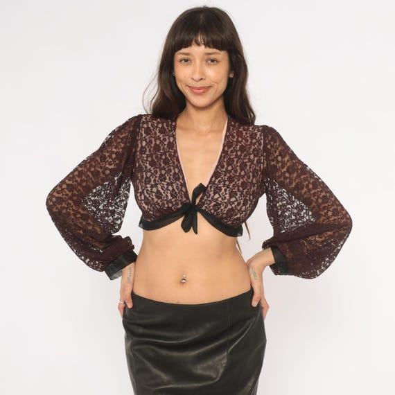 70s Lace Crop Top Black Tie Front Blouse Deep V Neck Sheer Floral Bishop Sleeve Cropped Shirt Black Trim Semi See Through Coquette Small S