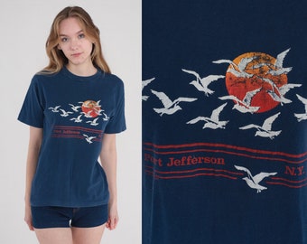 Port Jefferson Shirt 80s New York T-Shirt Seagull Sunset Graphic Tee NY USA Tourist TShirt Single Stitch Blue Vintage 1980s Small Medium