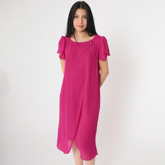 Vintage Fuchsia Chiffon Dress 80s Semi-Sheer Shift Dress Floaty Dress See Through Short Puff Sleeve 1980s Medium