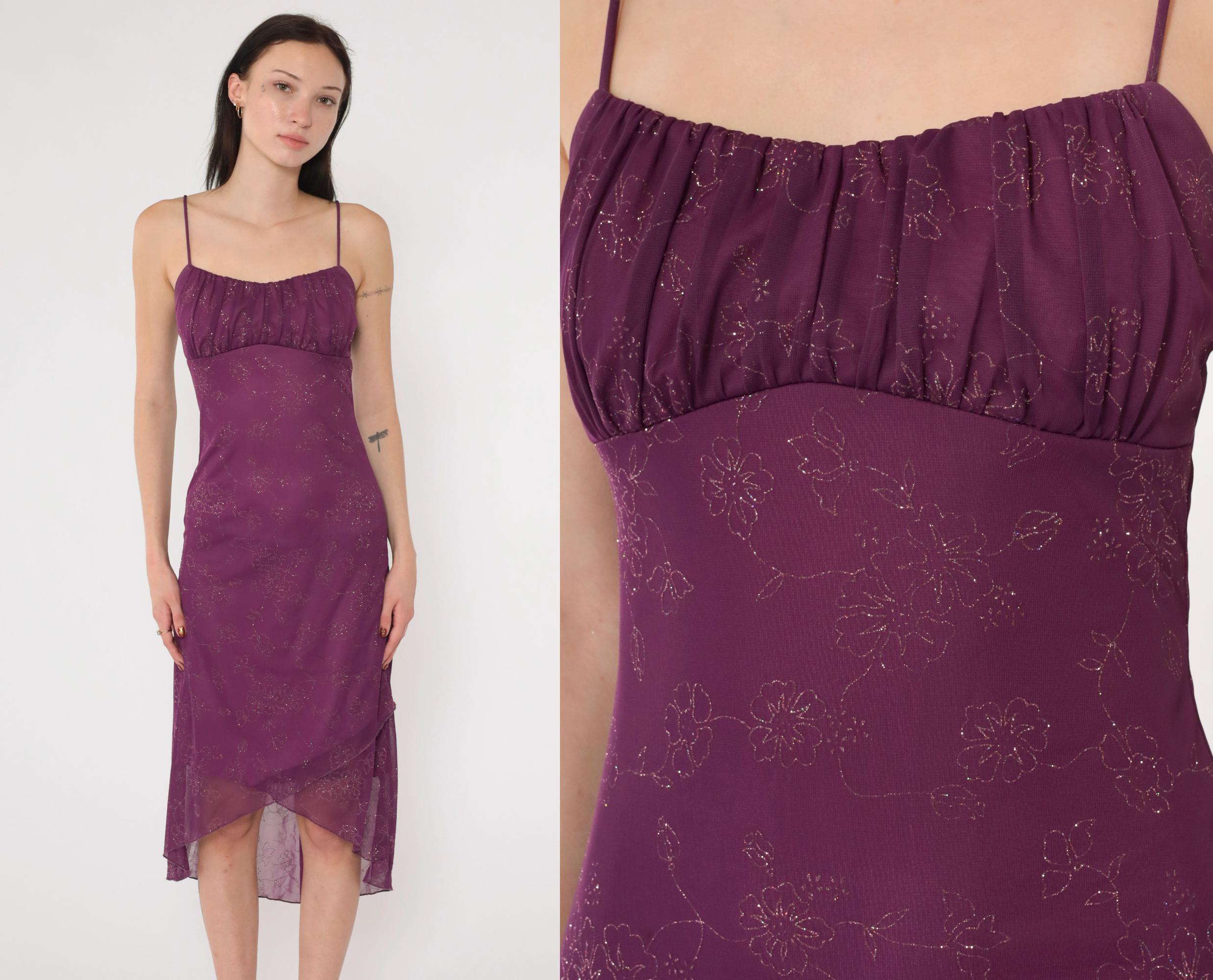 Y2K Purple Ruched Floral Midi Dress Vintage Spaghetti Strap