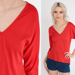 Red V Neck Blouse 70s 3/4 Dolman Sleeve Shirt Plain TShirt Polyester 1970s Blank Casual Shirt Vintage Small Medium image 1