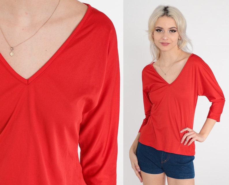 Red V Neck Blouse 70s 3/4 Dolman Sleeve Shirt Plain TShirt Polyester 1970s Blank Casual Shirt Vintage Small Medium image 1