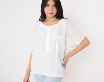 Vintage White Cotton Blouse 90s Henley Button Up Shirt Short Sleeve Top Chest Pocket Preppy Plain Basic Retro Simple Minimal 1990s Medium M