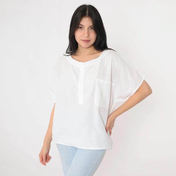 Vintage White Cotton Blouse 90s Henley Button Up Shirt Short Sleeve Top Chest Pocket Preppy Plain Basic Retro Simple Minimal 1990s Medium M