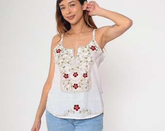 Indian Tank Top Vintage Floral EMBROIDERED Tank Top White Shirt Floral Blouse 90s Bohemian Hippie Spaghetti Strap Split Neck Small Medium