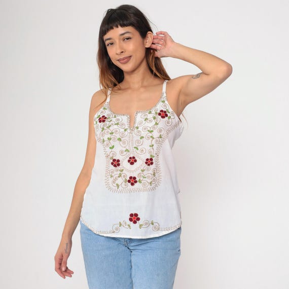 Indian Tank Top Vintage Floral EMBROIDERED Tank Top White Shirt Floral Blouse 90s Bohemian Hippie Spaghetti Strap Split Neck Small Medium