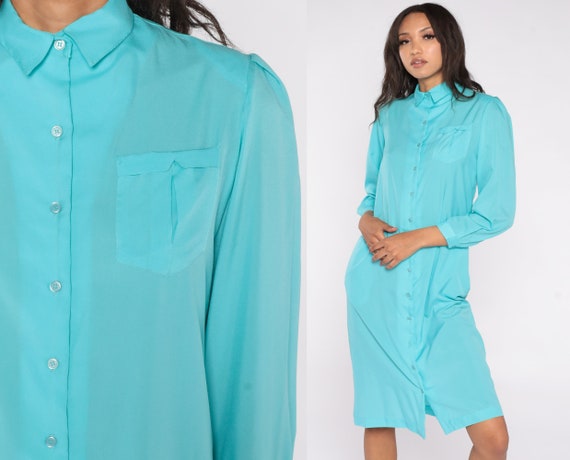 Puff Sleeve Dress 80s Midi Dress Turquoise Blue Shirtdress Button Up Shift Straight Secretary Dress Vintage 1980s Long Sleeve Medium 8
