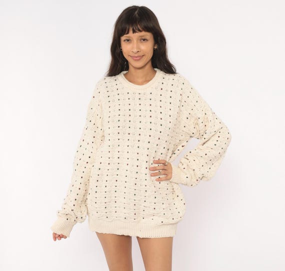 90s Dotted Knit Sweater Cream Cotton Textured Polka Dot  Relaxed Fit Long Sleeve Off White Speckled Grandpa Unisex Vintage Extra Large XL