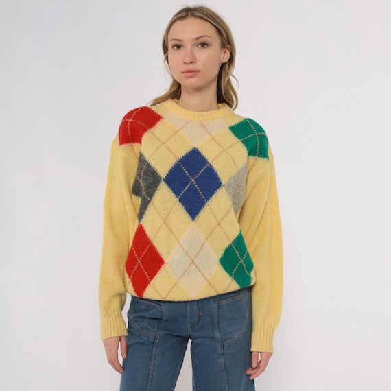 Vintage Argyle Wool Blend Sweater Yellow Sweater 80s Pullover Slouchy Checkered Knit 1980s Cozy Jumper Small Medium