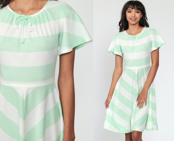 70s CHEVRON Dress Green Stripe Dress Flutter Slee… - image 1