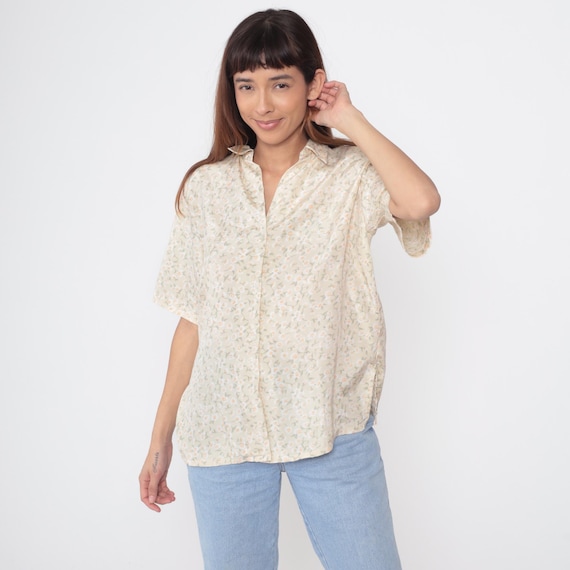 Ditsy Floral Button Down Vintage 90s Shirt Daisy Calico Print Beige Lightweight Top Summer Blouse Coquette Cottagecore Soft Grunge Large L