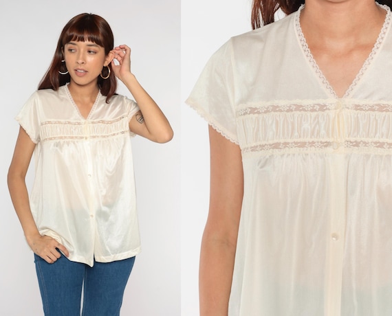 Lace Trim Blouse 80s Cream White Fringe Detail Short Sleeve Vintage Feminine Romantic Boho Prairie Cottagecore Folk Cute Medium M